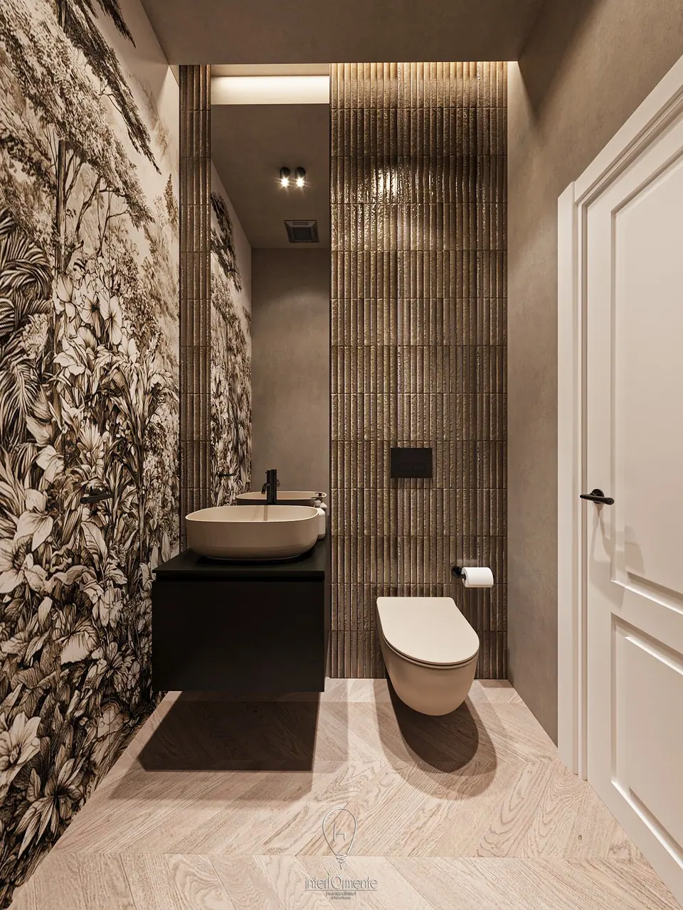 Bagno con parete a giungla in bianco e nero, specchio a tutta altezza, lavabo d'appoggio su mobile nero e porta bianca a pannelli