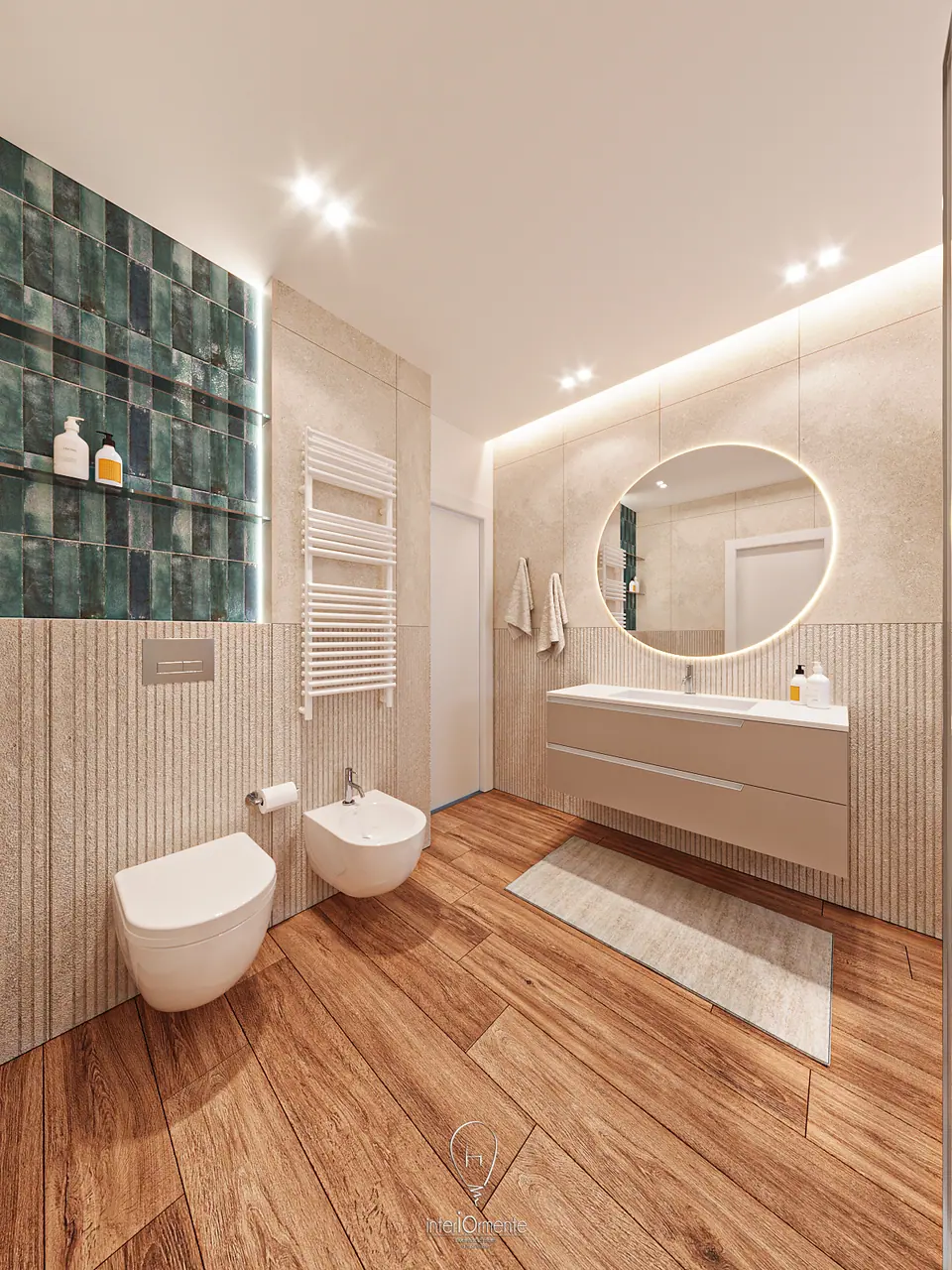 Bagno con rivestimento a mosaico verde, specchio tondo e pavimento effetto parquet