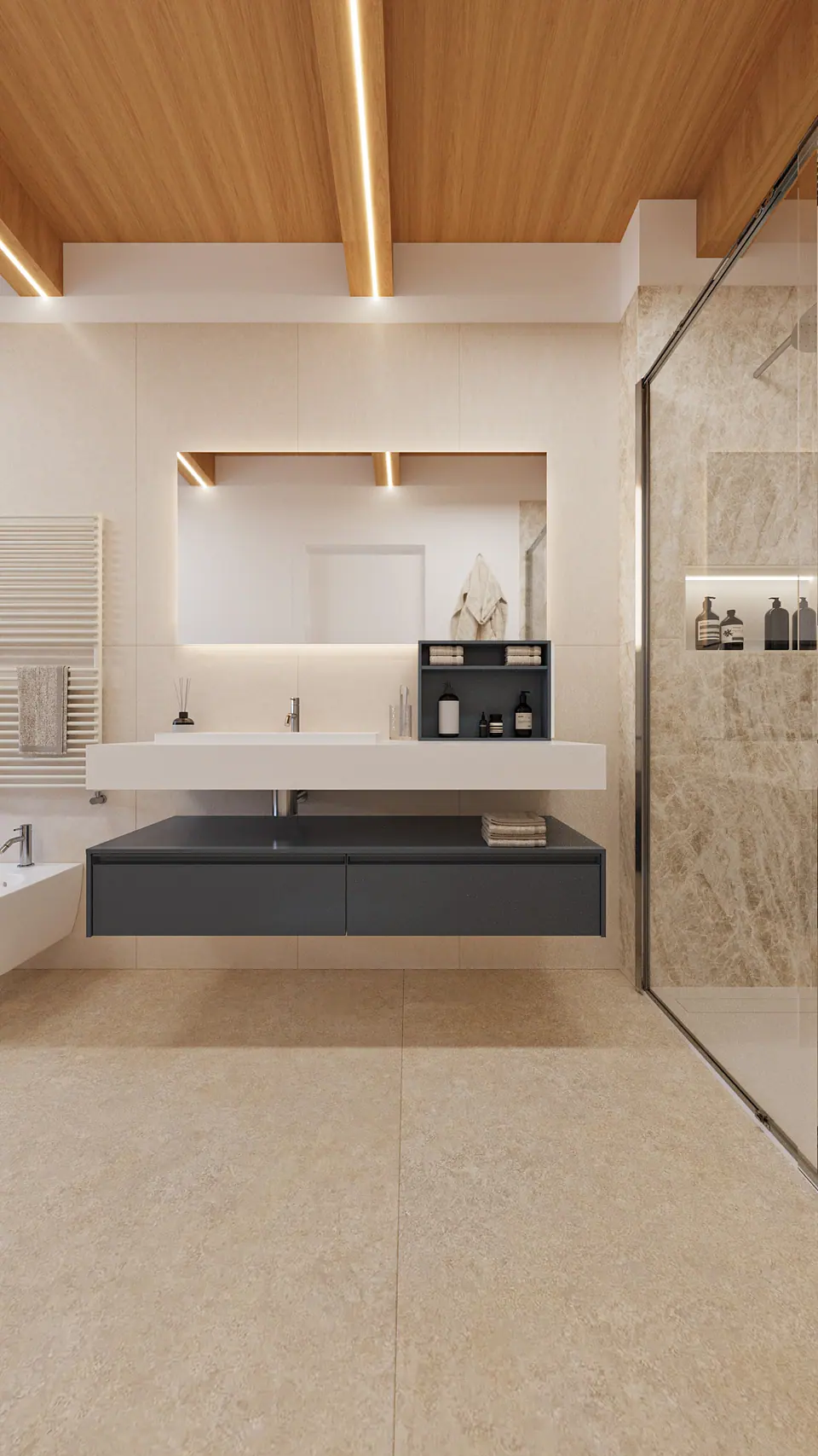 Bagno con soffitto in legno, mensola lavabo scura e doccia con parete in vetro