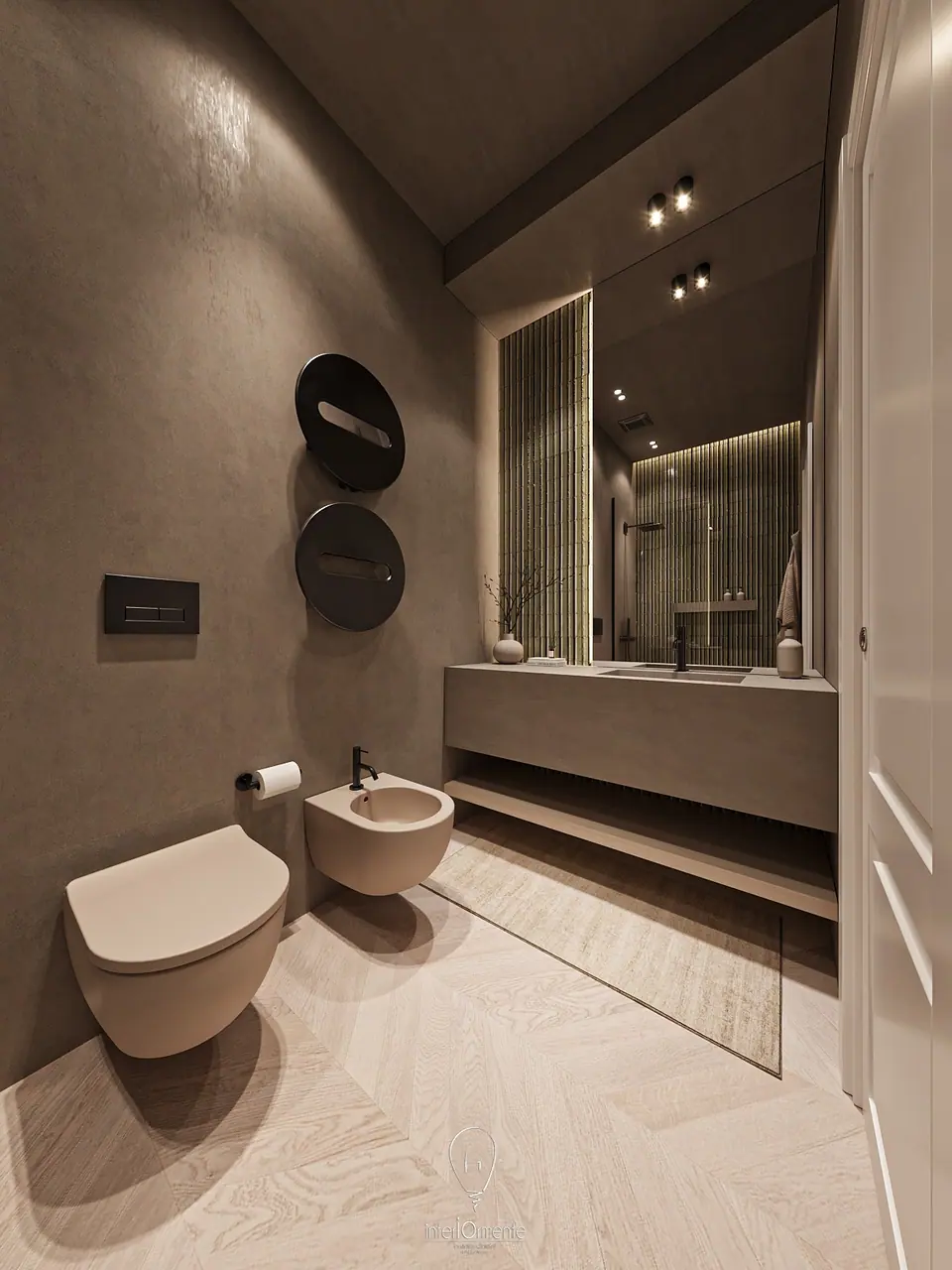 Bagno tortora con soffitto scuro, faretti neri, sanitari color sabbia e piano lavabo sospeso con vano a giorno