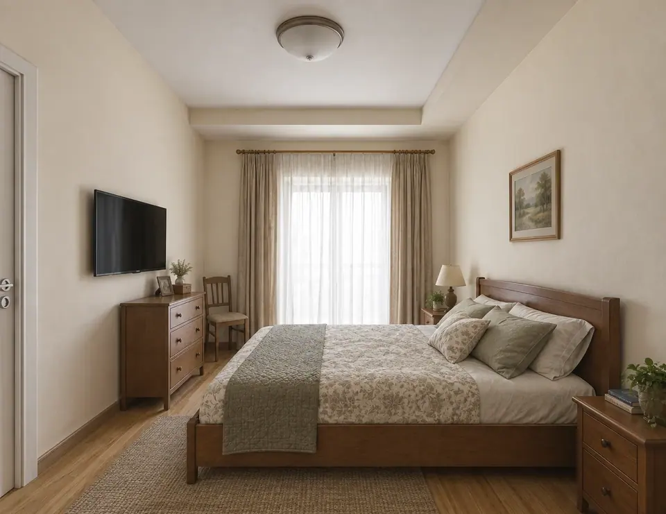 Simulazione con AI di una camera datata con letto in legno e copriletto a fiori