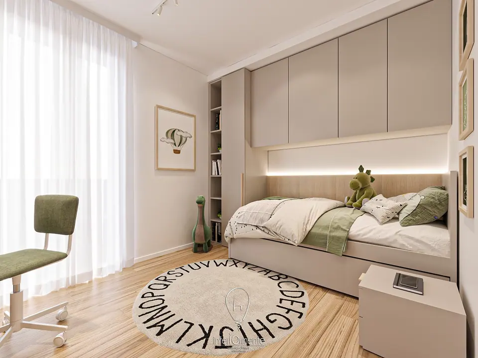 Cameretta con letto sotto l'armadio a ponte, tappeto con l'alfabeto, sedia verde e mongolfiera in cornice