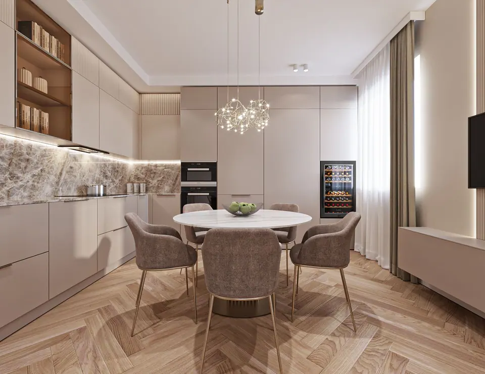 Cucina beige con alzata in onice, tavolo rotondo in marmo e parquet a spina di pesce