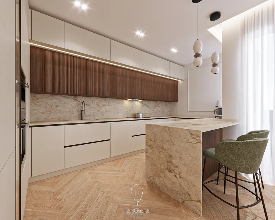 Cucina con isola in travertino, pensili in noce e parquet a spina di pesce