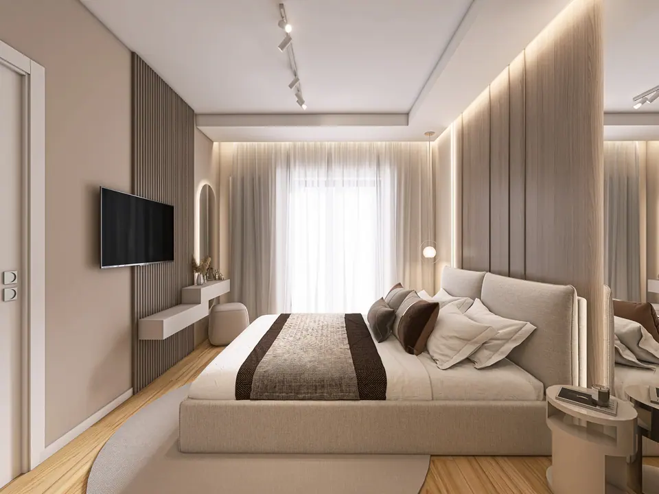 Render 3D di una camera da letto con tenda a tutta altezza e boiserie