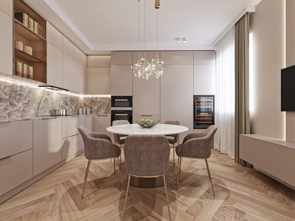 Render 3D di una zona pranzo con tavolo rotondo, lampadario a sfere e cucina