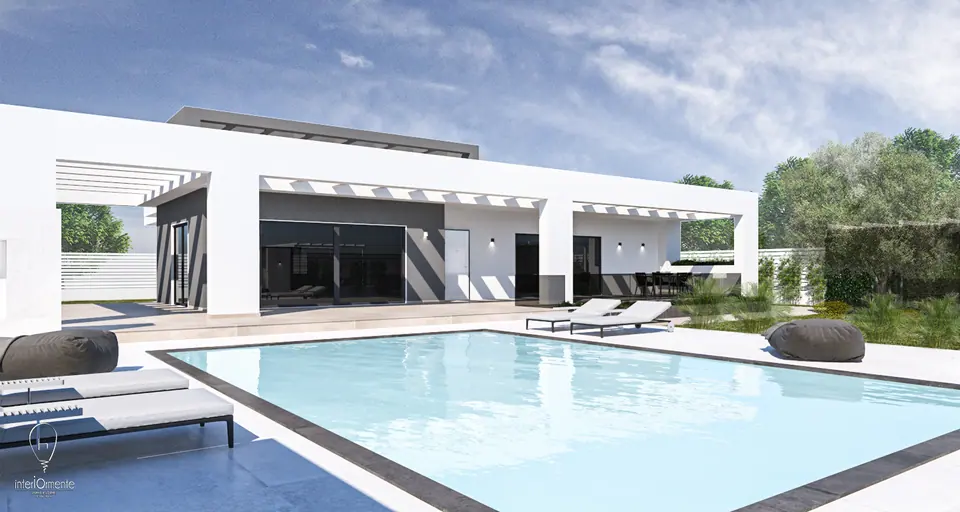 Villa bianca con portico lineare, piscina e lettini sul bordo